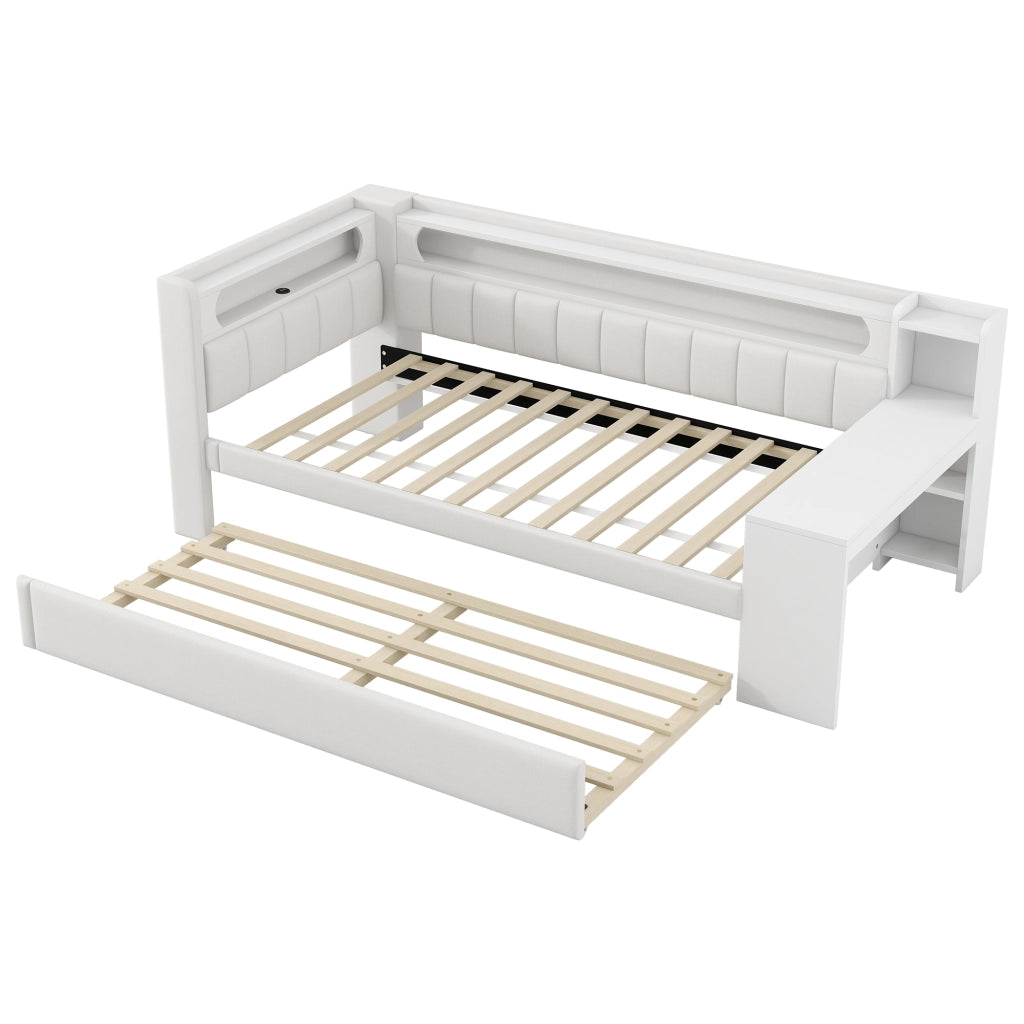 OKWISH Letto a Divano 90×200 cm, Letto Singolo con USB, LED Regolabile e Scrivania, letto estraibile 90×190 cm, senza Materasso, Bianco