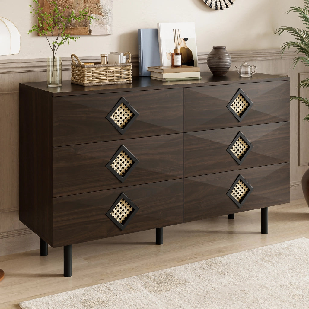 Toeletta con 6 Cassetti e Maniglie in Rattan; 2 Passacavi; Gambe in Metallo; Stile Moderno; Noce; 120??40??74 cm