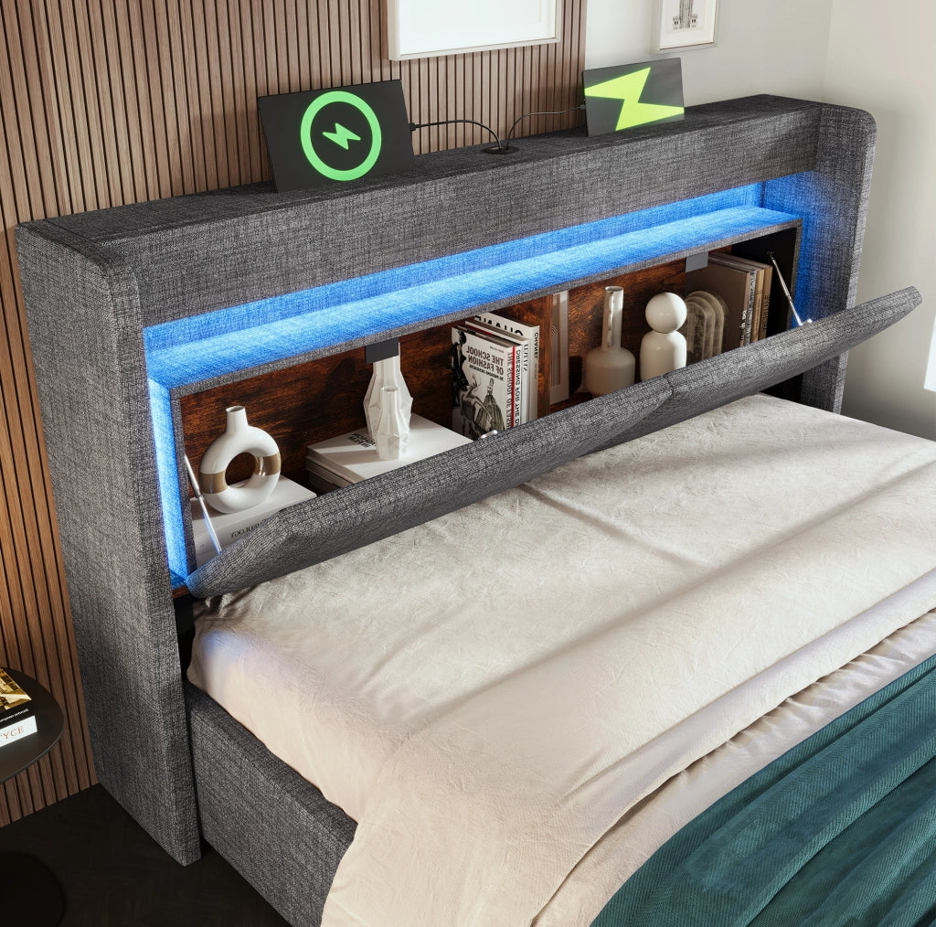 Letto imbottito 140x200 cm con contenitore idraulico; LED; USB e USB-C; lino grigio
