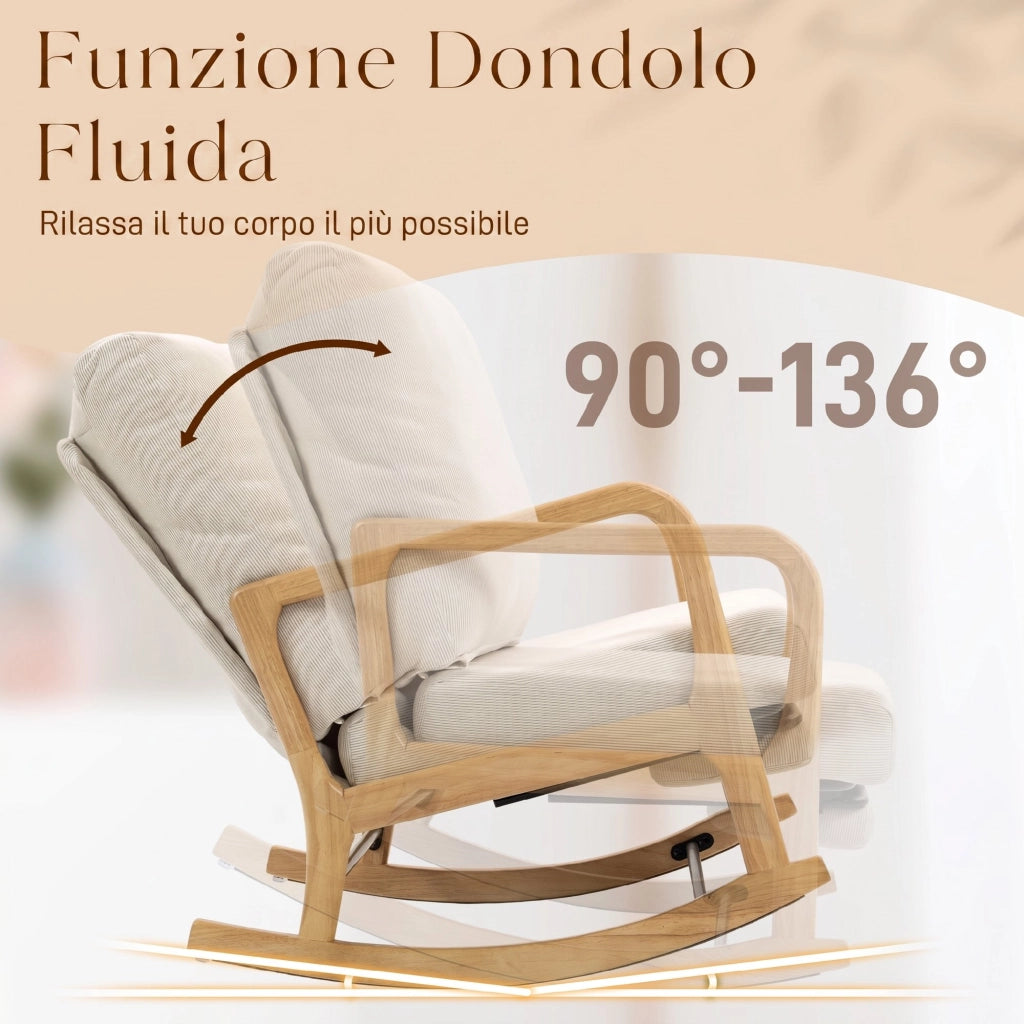 Sedia a Dondolo 70x89x97,5 cm con Poggiapiedi Schienale Reclinabile in Stile Scandinavo in Velluto a Coste Crema