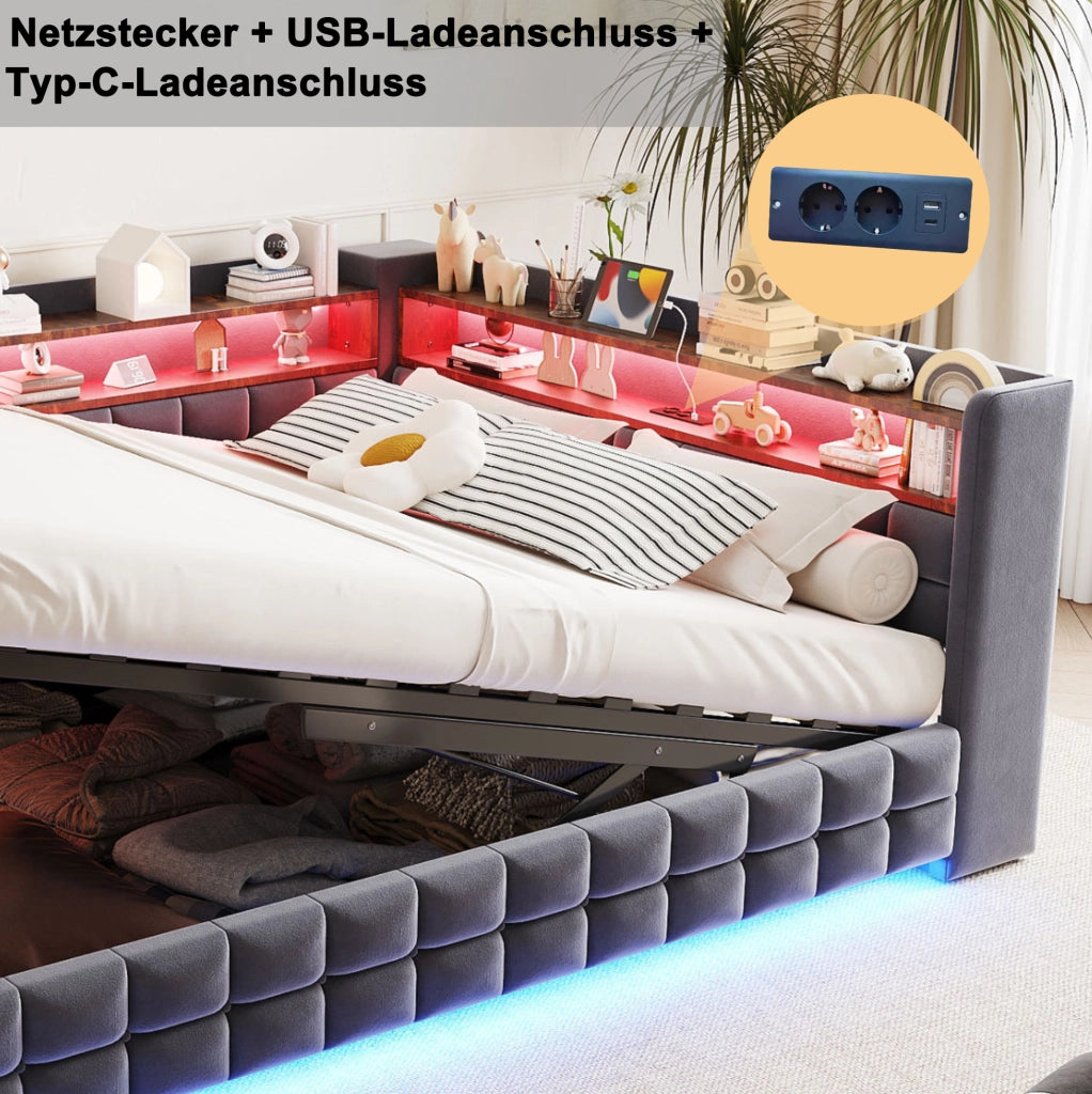 Divano letto 140x200 cm con vano idraulico; LED e prese USB/USB-C in velluto grigio