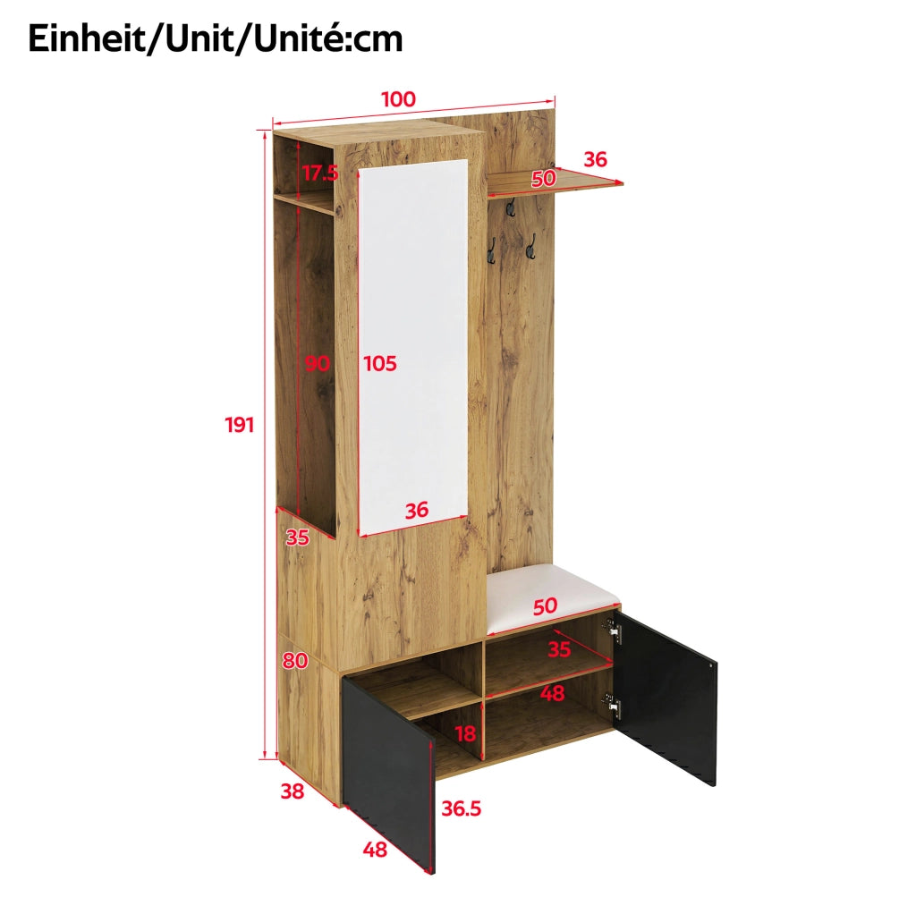 Mobile ingresso con specchio; scarpiera e panca 100x38x191 cm in MDF nero e naturale