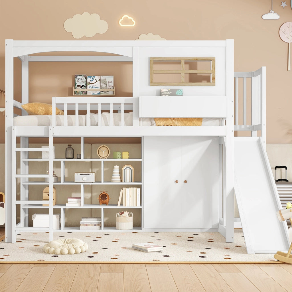 Letto a castello con scivolo e armadio in legno massello e MDF 90x200 cm