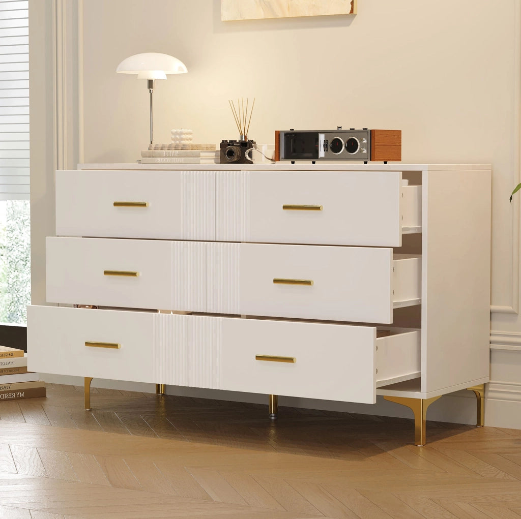 Cassettiera a 6 cassetti in MDF bianca; 120 x 40 x 76 cm