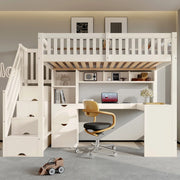 Letto a soppalco 90x200 cm bianco in legno con scrivania ad angolo e scala contenitore