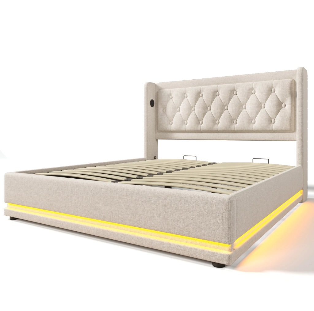 Letto matrimoniale 180x200 cm con contenitore; testiera trapuntata beige in cotone; USB e LED