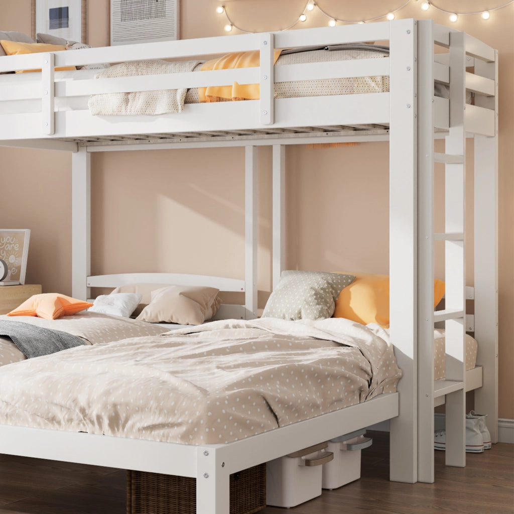 OKWISH Letto a Castello 90×200 cm, Letto 3 Posti con Scala Laterale e Sponda, senza Materasso, in Legno Massello, Bianco