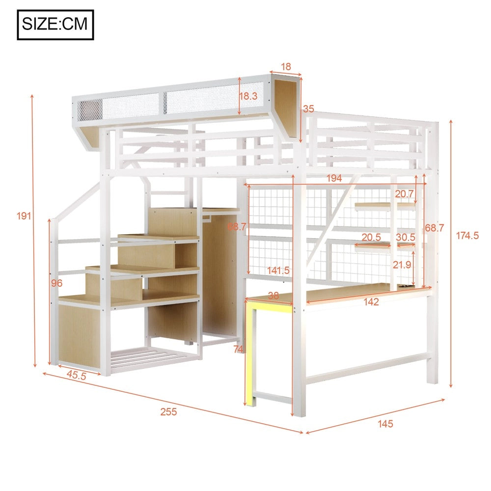 Letto a Soppalco con Scrivania ¨C Xylo ¨C Metallo, LED, Bianco, 140x200