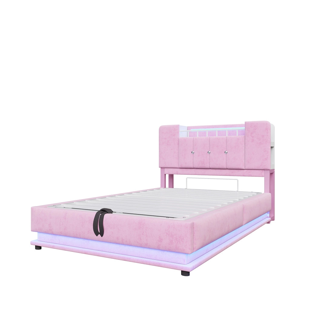 Letto imbottito rosa 90x200 cm; contenitore idraulico; LED e USB; in velluto per cameretta