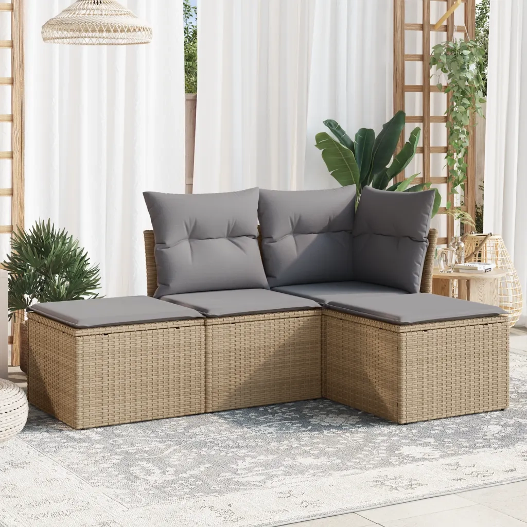 Set Divano da Giardino 4 pz | Set Salotto da Giardino con Cuscini Beige in Polyrattan