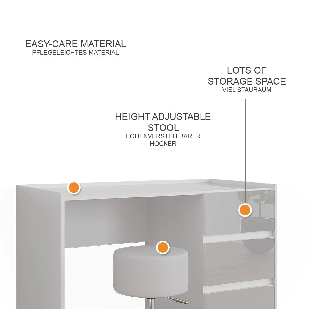 Vicco Tavolino da toilette Bianco lucido 120 cm con sgabello