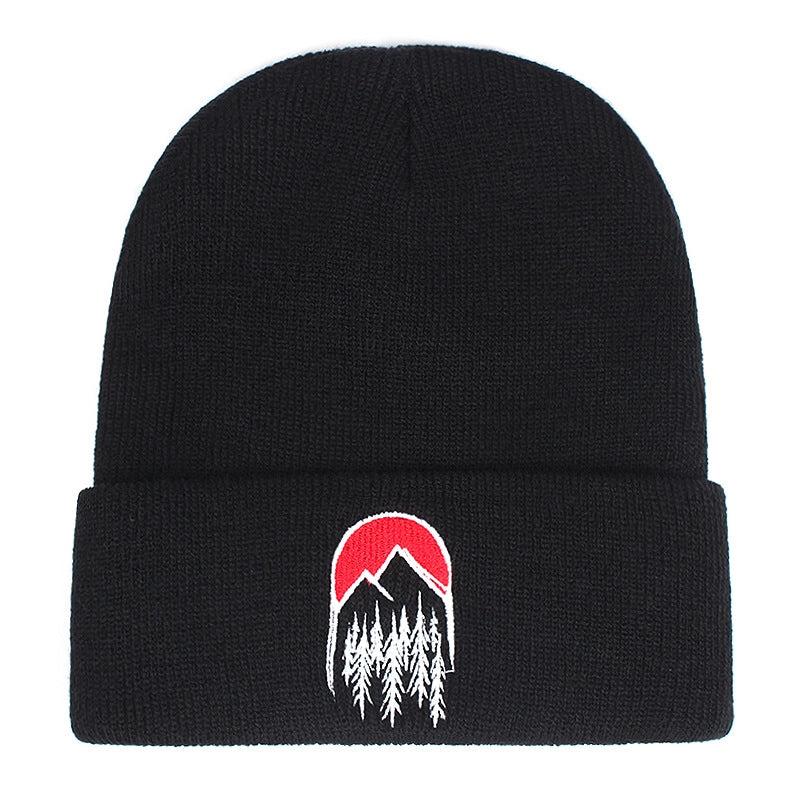 Cappelli invernali caldi lavorati a maglia con ricamo "Il sole al tramonto", colore nero.
