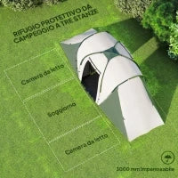 Tenda da Campeggio 4-6 Persone con 2 Camere, in Poliestere e Fibra di Vetro, 555x225x190 cm, Grigio e Verde