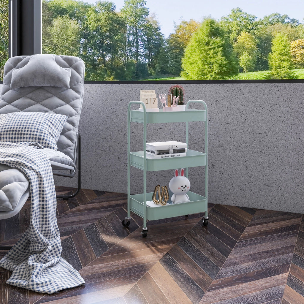 Carrello Servizio 3 Ripiani ¨C Zephmum ¨C Blu Acciaio 45x30.6x79 cm
