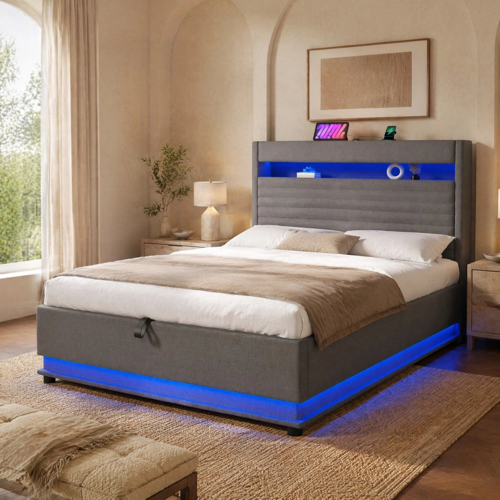 Letto imbottito 140x200 cm con LED, USB-C e vano contenitore