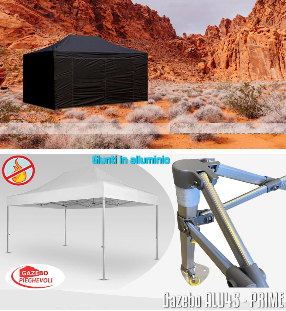Gazebo 3x4,5 m bianco certificato IGNIFUGO SENZA laterali pieghevole alluminio piantone esagonale 45mm portatile estendibile richiudibile estensibile acciaio per fiere eventi stand chiosco tenda tendone mercato mercatino