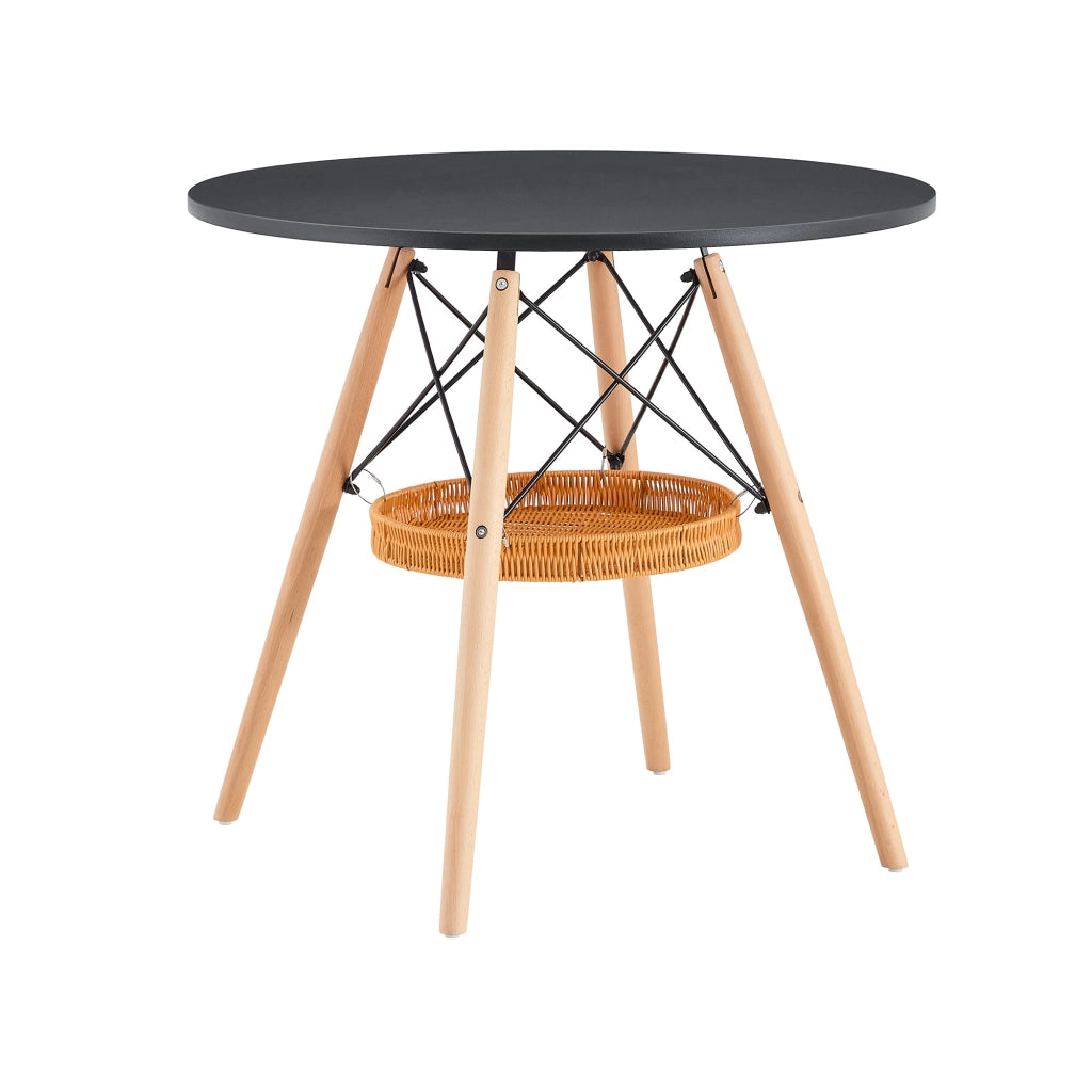Tavolo rotondo Ø 80 cm con piano in MDF nero, gambe in legno massiccio e cestello portaoggetti sospeso