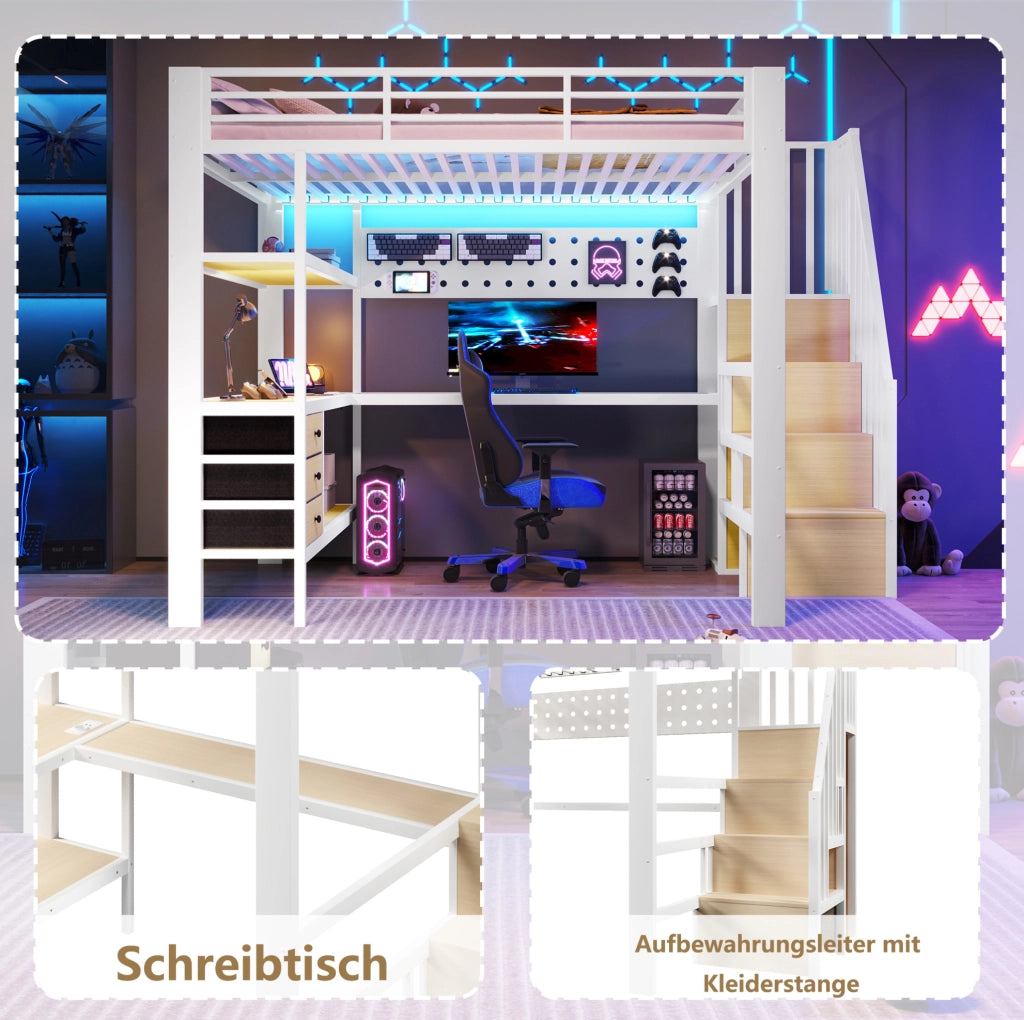 Letto a soppalco in metallo e MDF con scrivania, cassetti e LED
