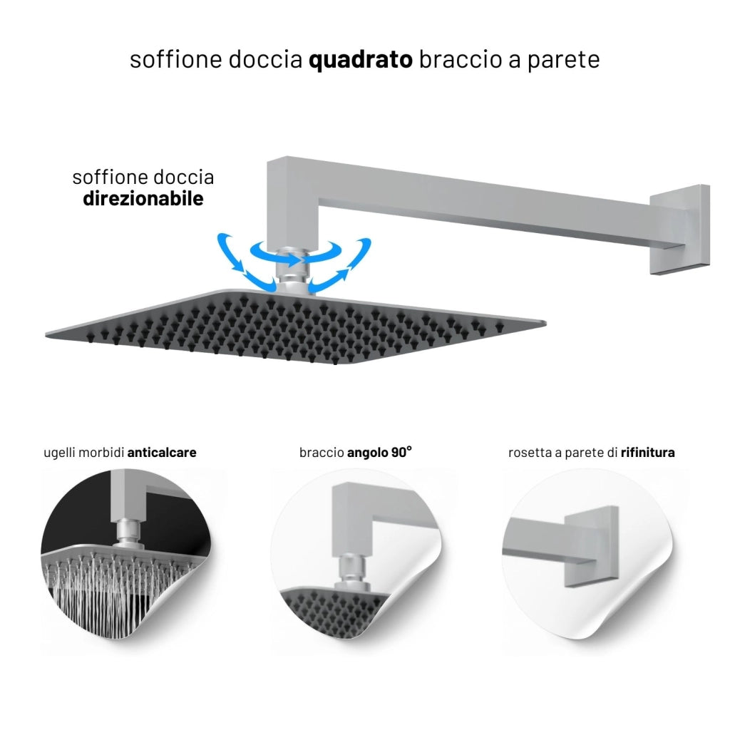 Set per doccia soffione quadro in acciaio inox 25x25 centimetri effetto spazzolato *** confezione 1