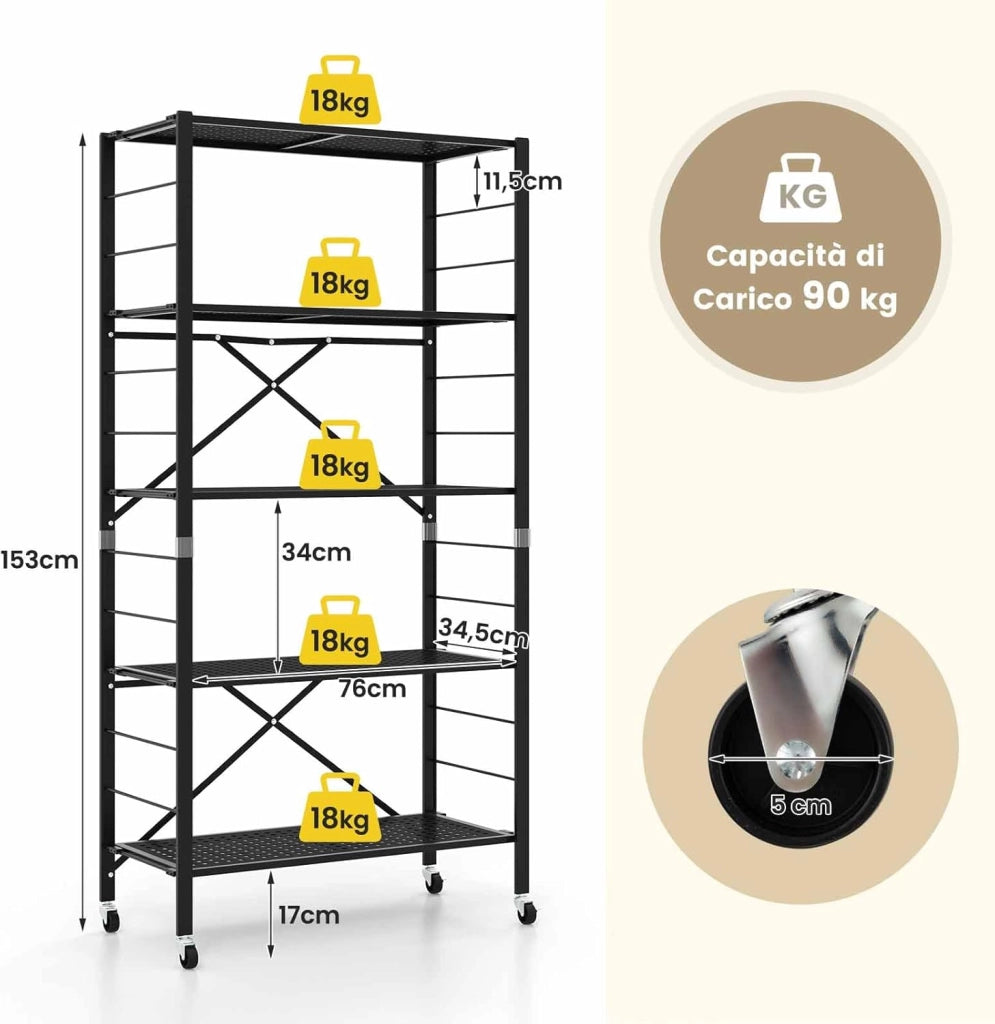 Scaffale Pieghevole con Ruote, Scaffale in Metallo con 5 Ripiani, Mobile in Metallo con Ripiani Regolabili e Grande Capacità da Cucina Balcone Soggiorno, Nero