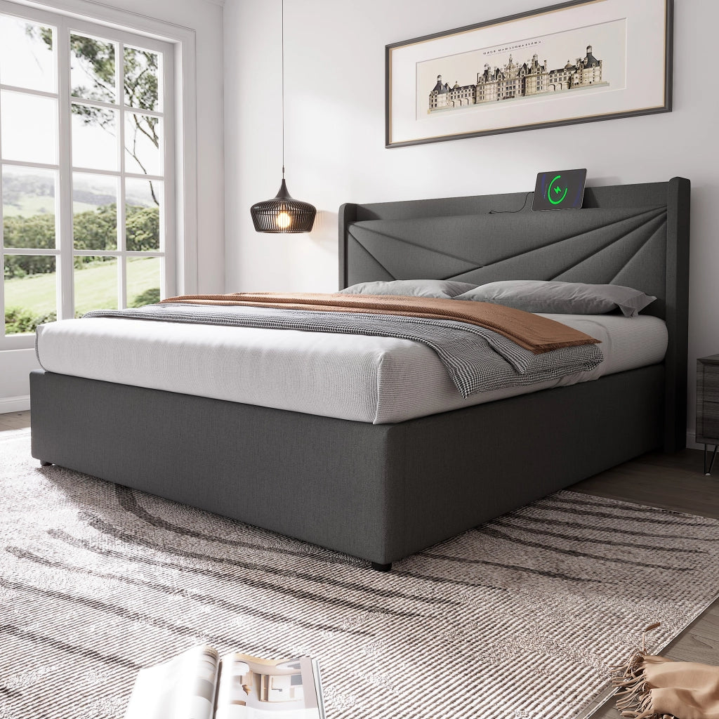 OKWISH Letto contenitore 160×200 cm, Letto Matrimoniale con Porte USB, Tipo C e Testiera Geometrica, senza Materasso, in Lino Cotone, Grigio