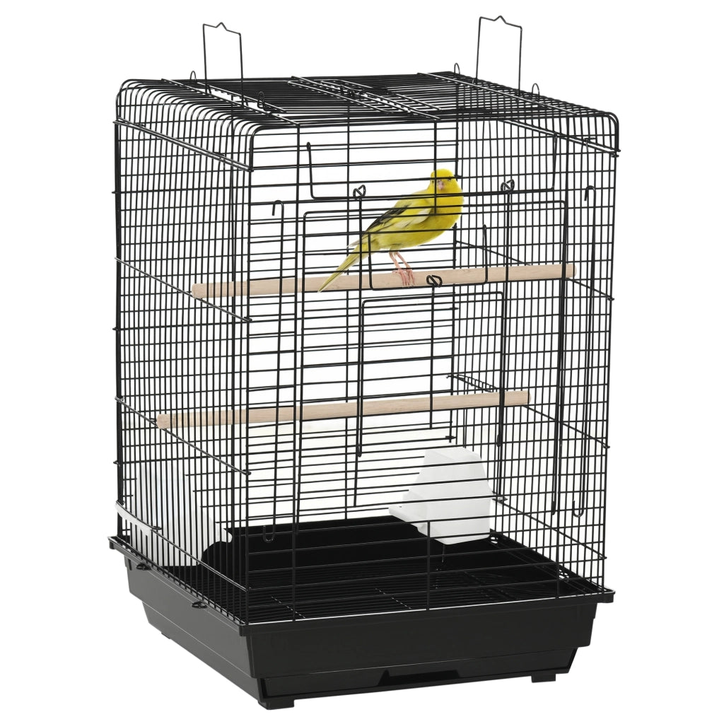Gabbia per Uccelli ¨C Xylo ¨C 40x40x59 cm, Tetto Apribile, 2 Posatoi, 2 Mangiatoie, Vassoio Estraibile, Nero