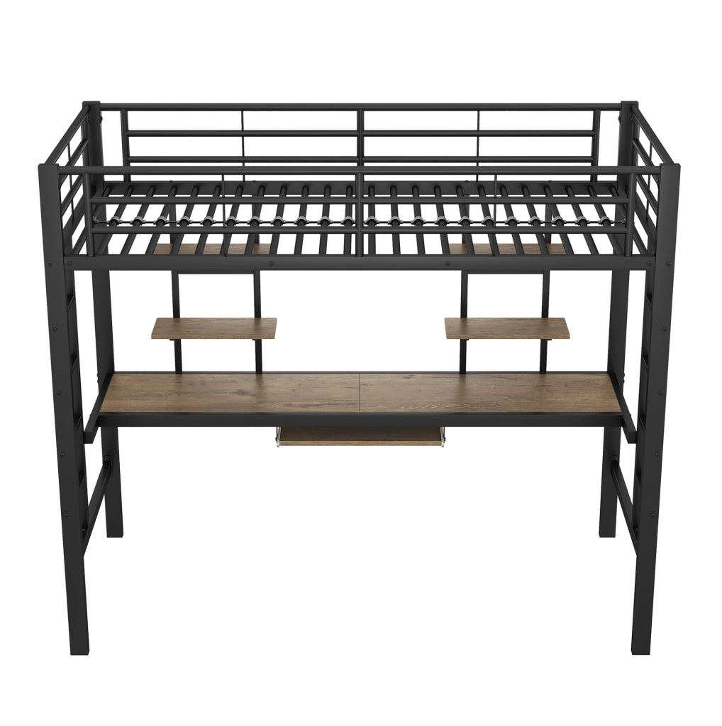 Letto a soppalco 90x200 cm nero in metallo con scrivania e 2 librerie