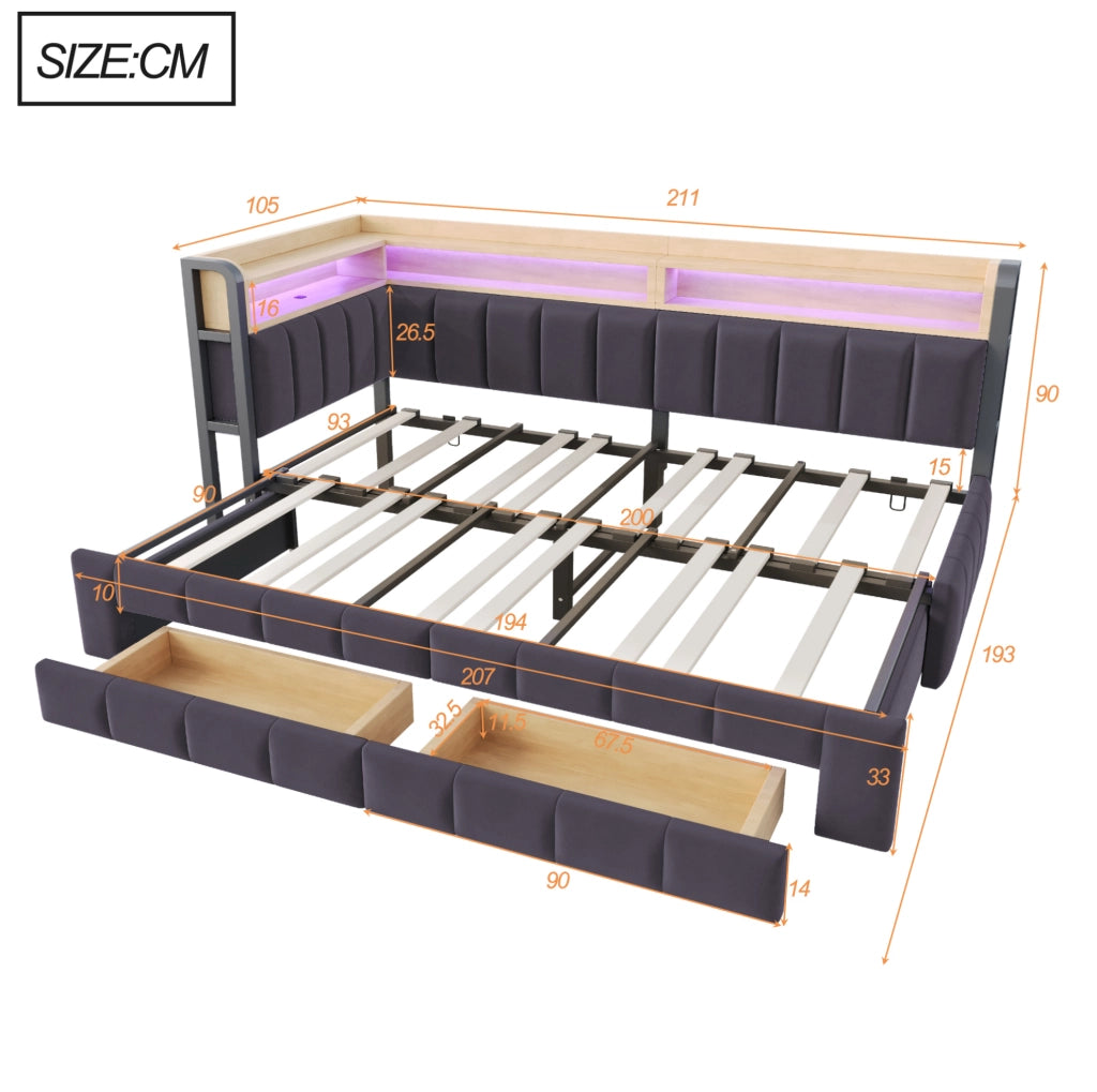 Divano letto estraibile 90/180x200 cm in velluto grigio scuro; con LED; USB; Type-C e contenitori
