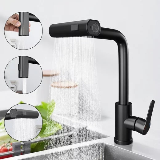 ZMH Miscelatore nero con doccetta estraibile e rotazione a 360°Miscelatore in acciaio inox con 2 getti