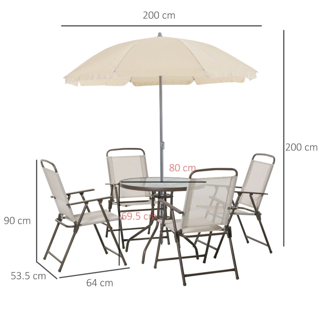 Easycomfort 6 pz Set Mobili da Giardino in Tubi d'Acciaio, Tavolo da Giardino con Sedie e Ombrellone, Crema