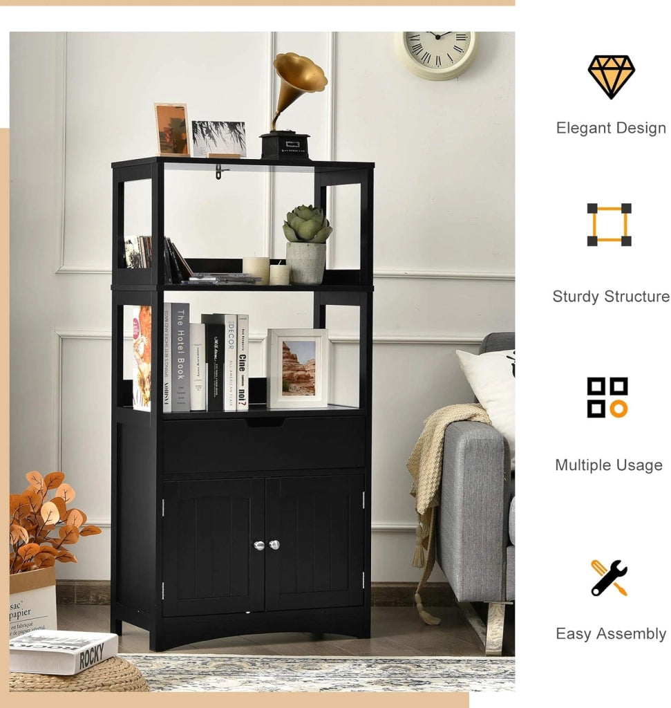 Armadio da bagno con cassetto, armadio alto con 2 ripiani aperti, ripiano multiuso per microonde, 60 x 32,5 x 122 cm (nero)