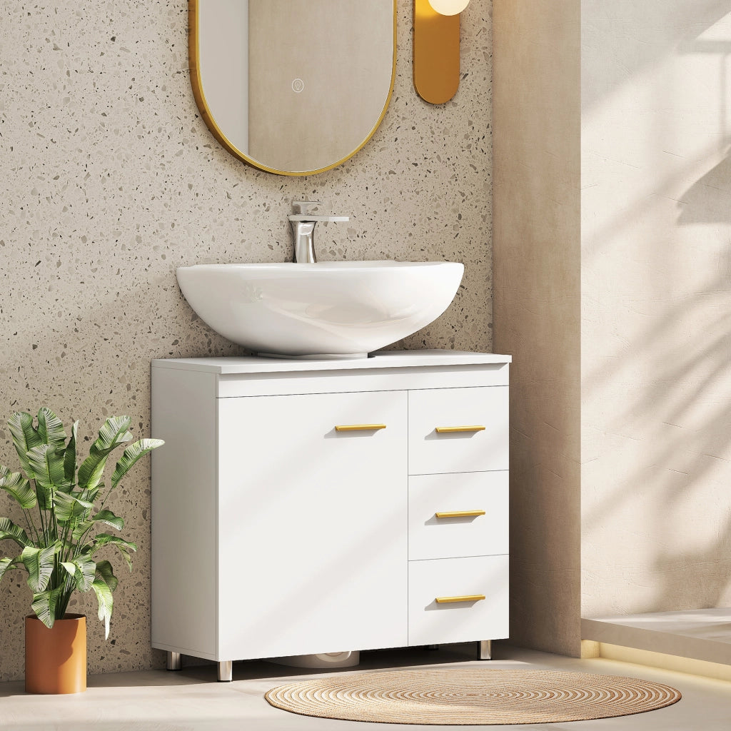 Mobile Sottolavabo con Intaglio a U, Armadietto e 3 Cassetti, Chiusura Ammortizzata, 70x30x65 cm, Bianco