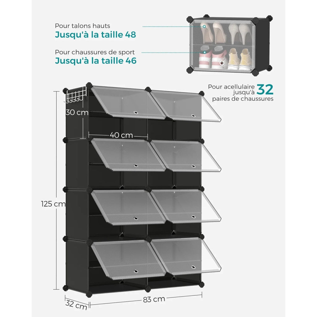 Scarpiera modulare a 8 scomparti 32 x 124 x 94 cm con anta struttura in acciaio pannelli in plastica nera 12_0007326