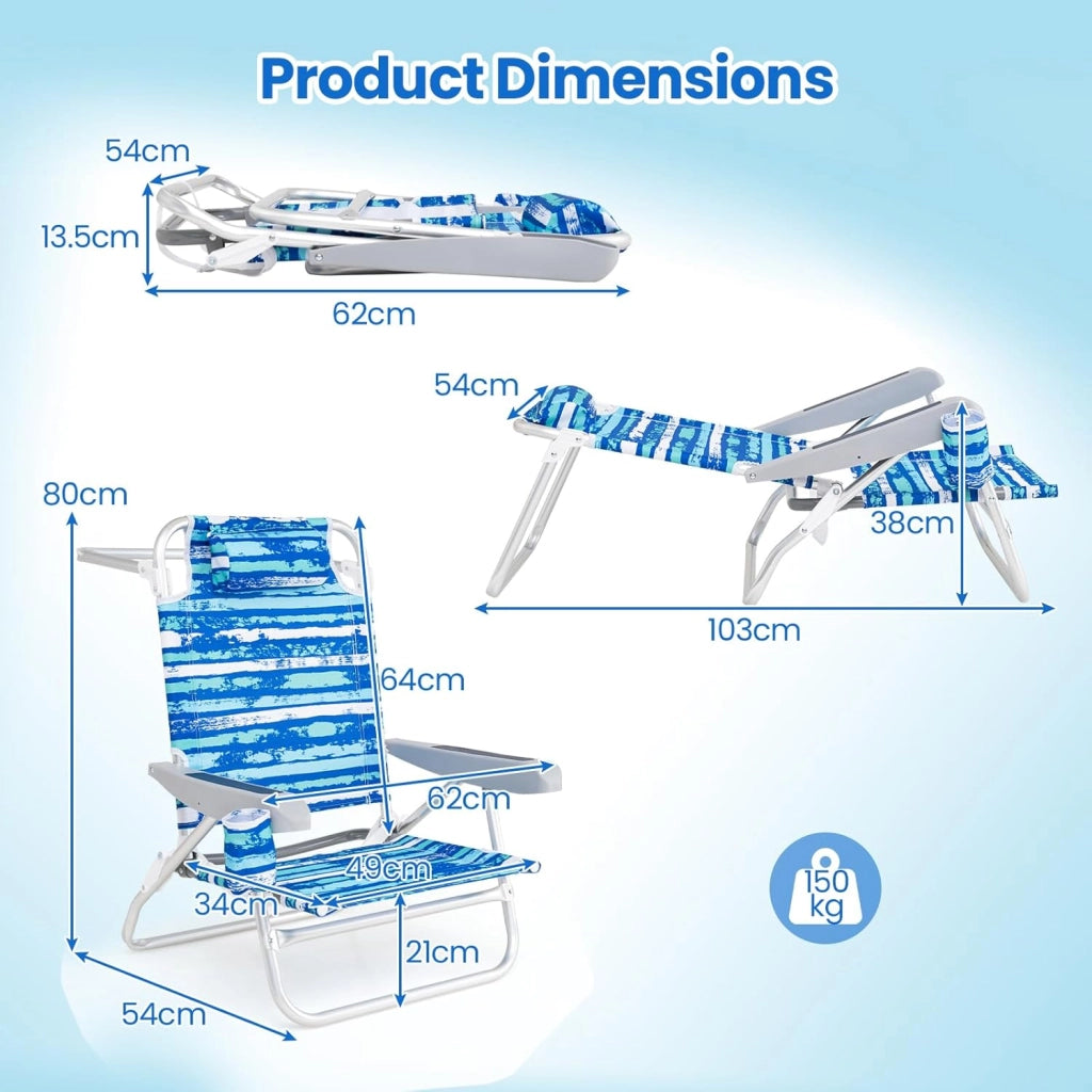 Set di 2 Sedie da Spiaggia Pieghevoli, Spiaggina con Schienale Regolabile in 5 Posizioni, Sdraio Mare con Portabicchieri e Portaasciugamani, Lettino Prendisole per Campeggio, Picnic (Blu)