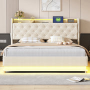 OKWISH Letto Contenitore 160×200 cm, Letto Matrimoniale con LED Multicolore, USB e Apertura Idraulica, senza Materasso, Beige