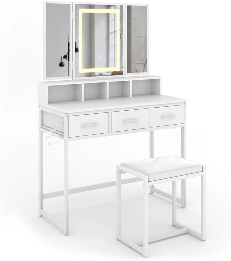 Vicco Tavolo da toilette Mavida, Bianco, 90 cm con specchio LED e sgabello
