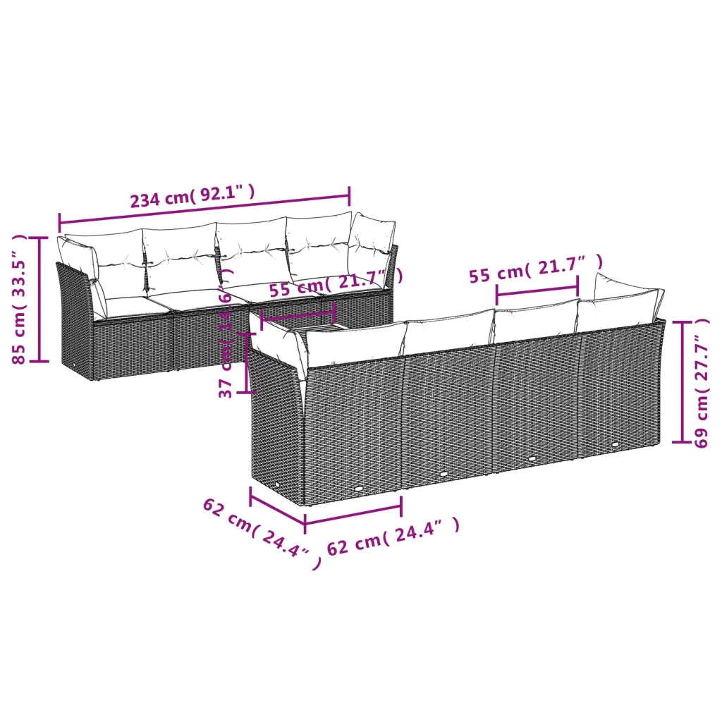Set Divano da Giardino 9 pz con Cuscini Beige in Polyrattan
