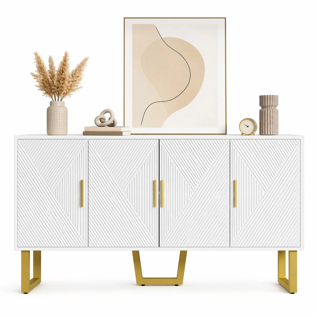 Credenza 150x40x82 cm bianca in MDF e pannello truciolare, 4 ante
