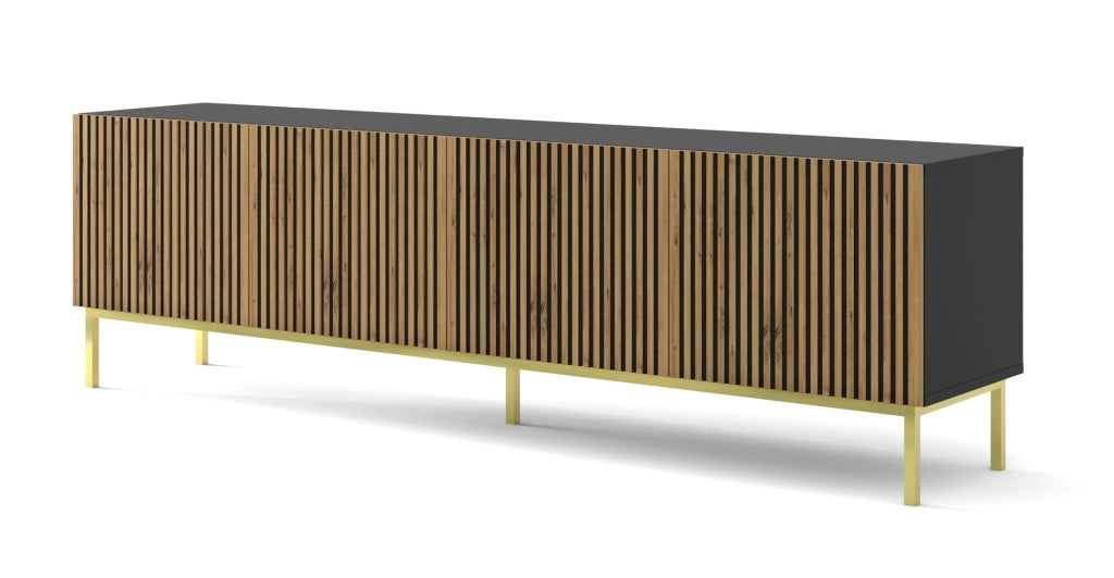 MOBILE RAVENNA F PORTA TV IN MDF VERNICIATO 4D 200 NERO OPACO ROVERE ARTIGIANALE STRUTTURA ORO
