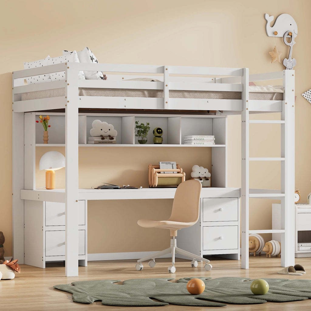 Letto a castello bianco in pino con funzione scrivania e spazio contenitivo 90x200 cm