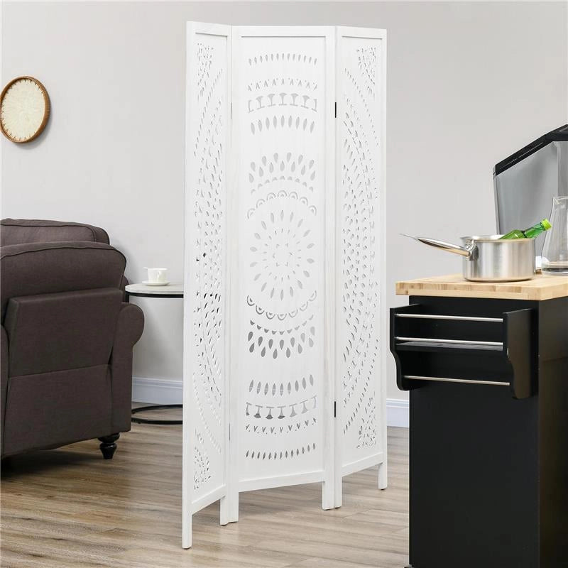 SEPARÈ PARAVENTO DA INTERNI PIEGHEVOLE A 3 PANNELLI IN LEGNO INTAGLIATO 120X170 CM BIANCO