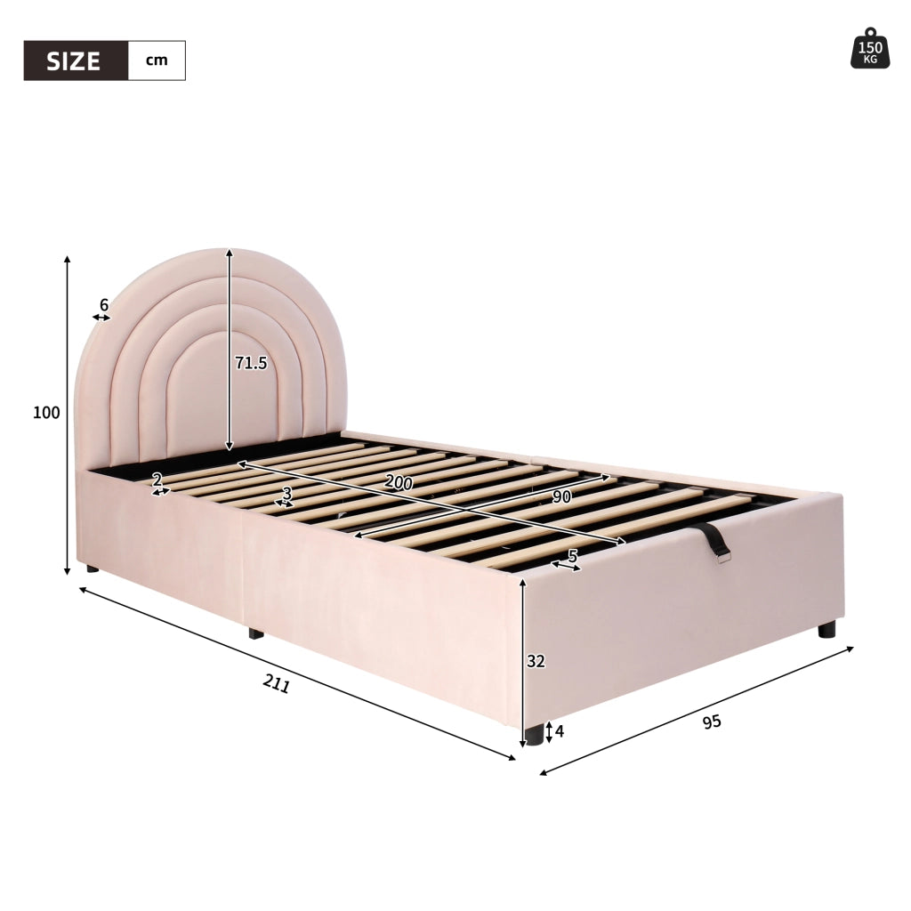 Letto per bambini 90 x 200 cm, letto imbottito, letto per ragazzi, in velluto, con contenitore, rosa