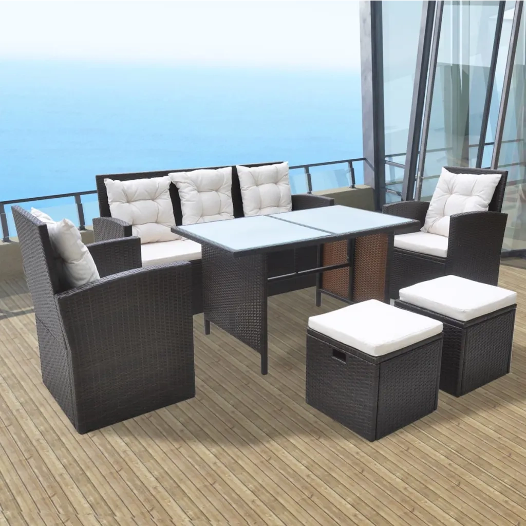 Set da Pranzo da Giardino 6 pz con Cuscini Polyrattan Marrone 42644