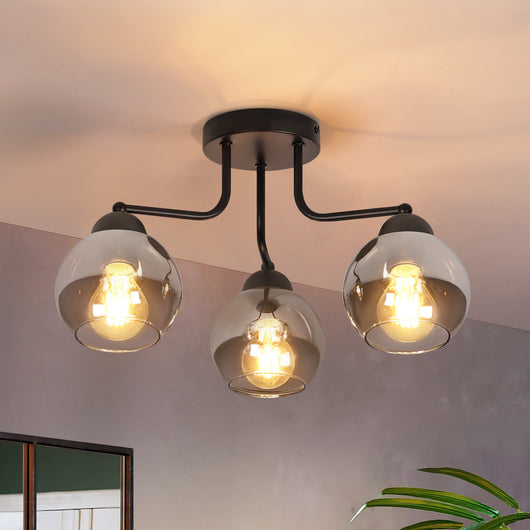 ZMH Lampada da soffitto in vetro nero vintage 3 fiamme E27 industriale rotonda illuminazione