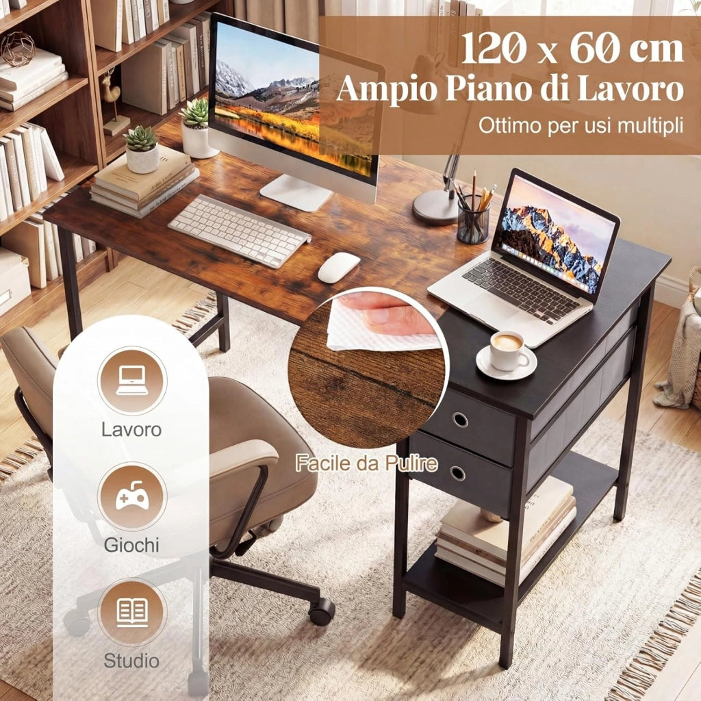 Scrivania per Computer, 120 x 60 x 75 cm, Scrivania Ufficio con 2 Cassetti e Ripiano, Tavolo Postazione di Lavoro, Studio e Lettura, Scrittoio Salvasapzio in Legno e Metallo (Marrone)