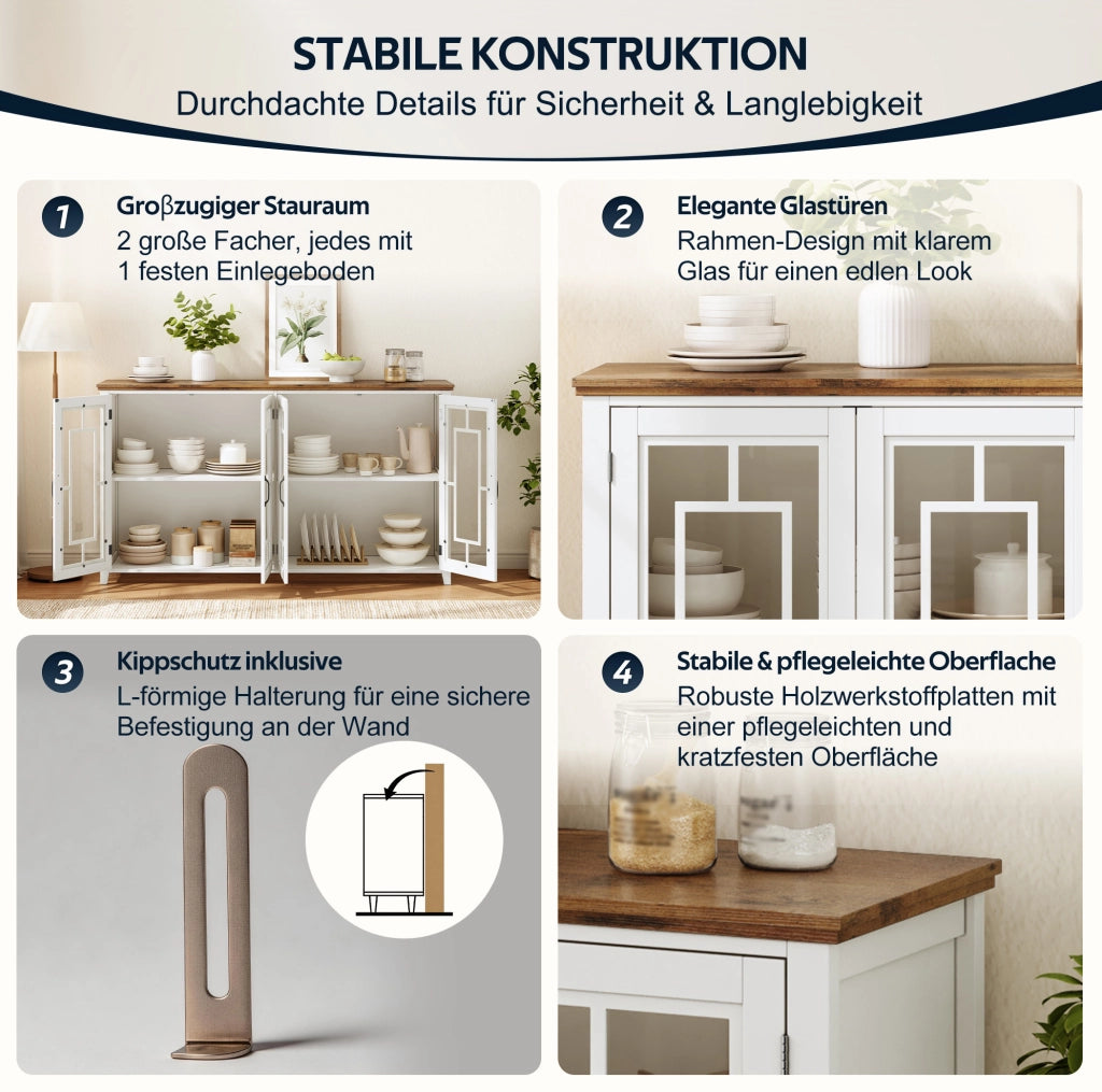 Credenza da cucina 160 cm bianca con ante in vetro e ripiani