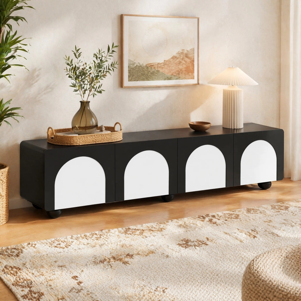 Mobile porta TV con due cassetti e ante centrali in MDF e pannello truciolare nero e bianco 180 × 38 × 45 cm