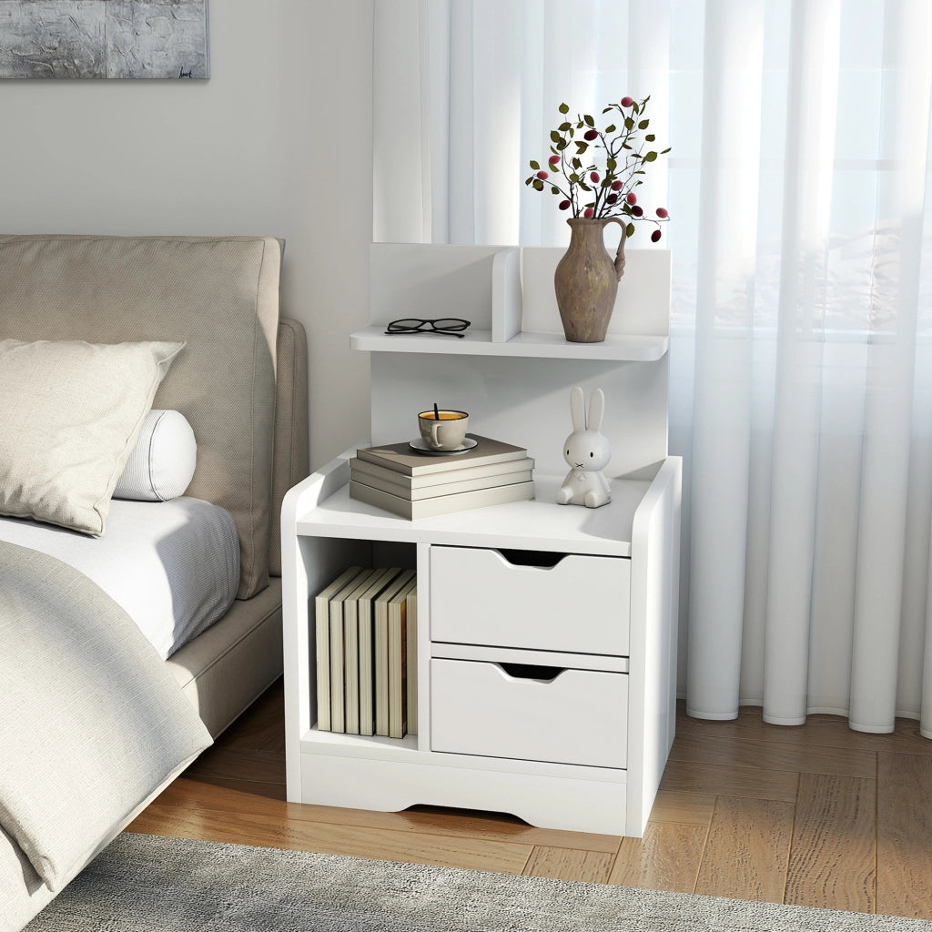 Comodino 40x30x60 cm con 2 Cassetti e Mensole Portaoggetti in Legno Bianco Lucido