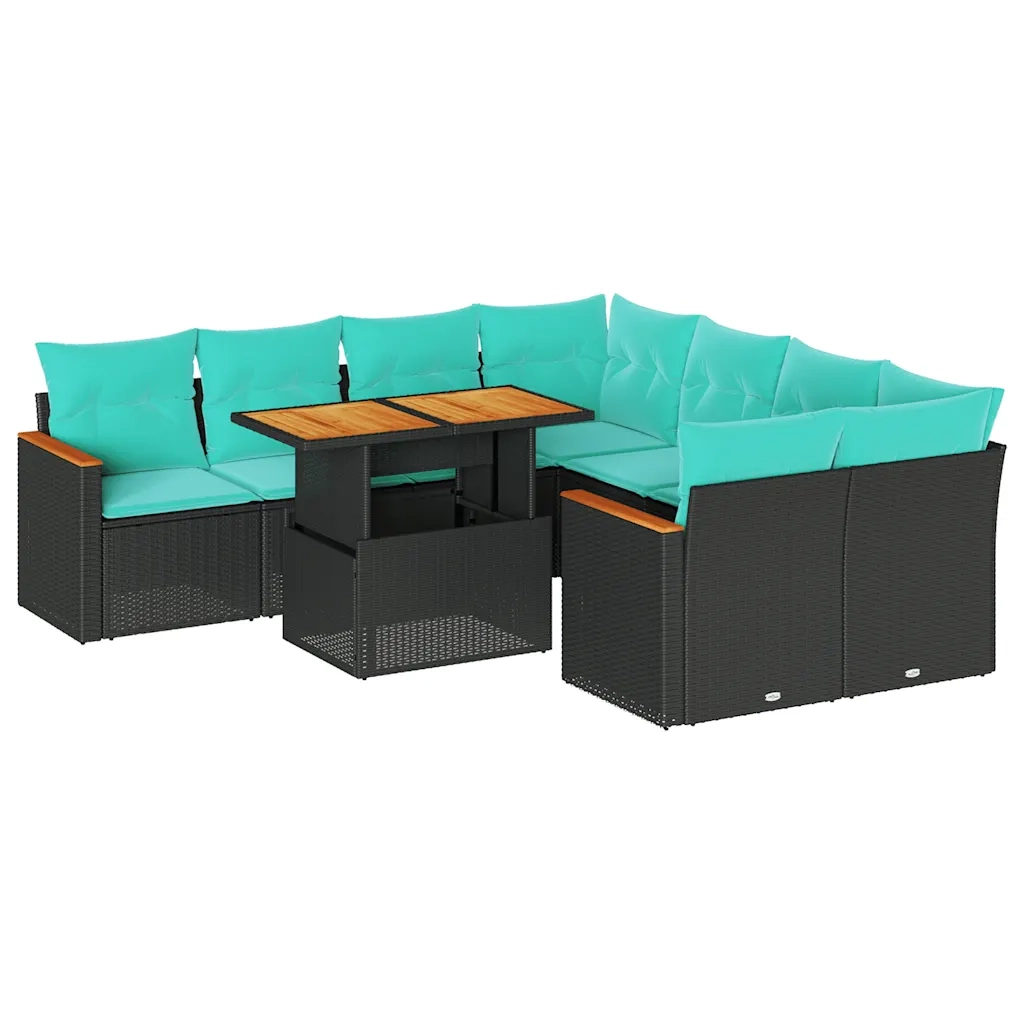 Set Divani da Giardino 9 pz con Cuscini Nero in Polyrattan