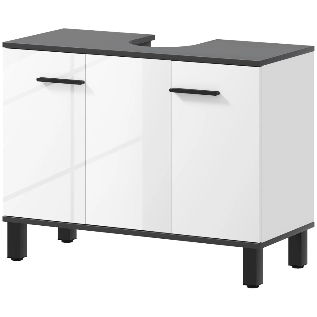 Mobile Sottolavabo Bagno con Armadietto 2 Ante e Ripiano Regolabile, 80x34x60 cm, Bianco Lucido